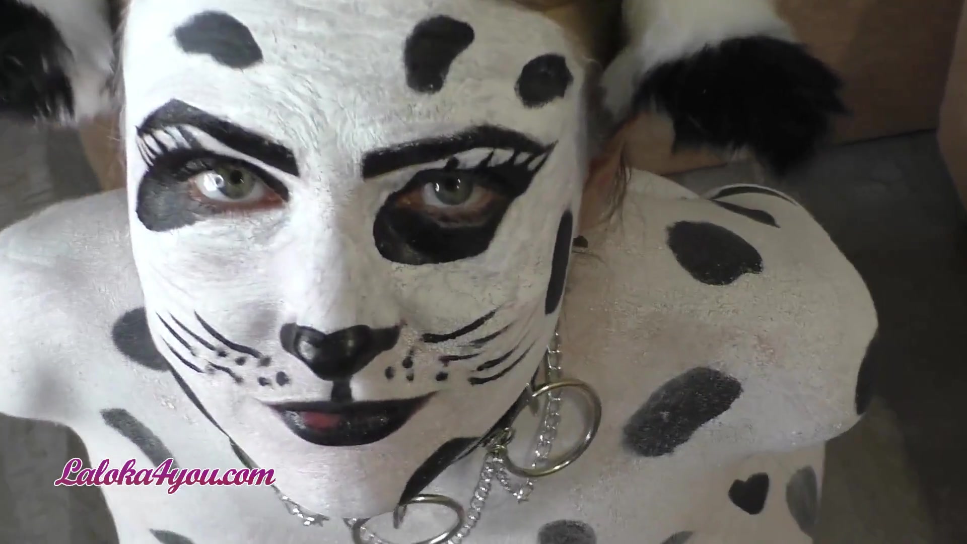 Beautiful girl in Dalmatian costume playfully rides Cavalier's big dick