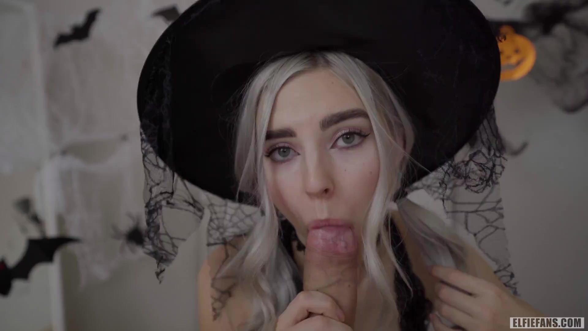 Cute horny witch gets facial and swallows cum - Eva Elfie