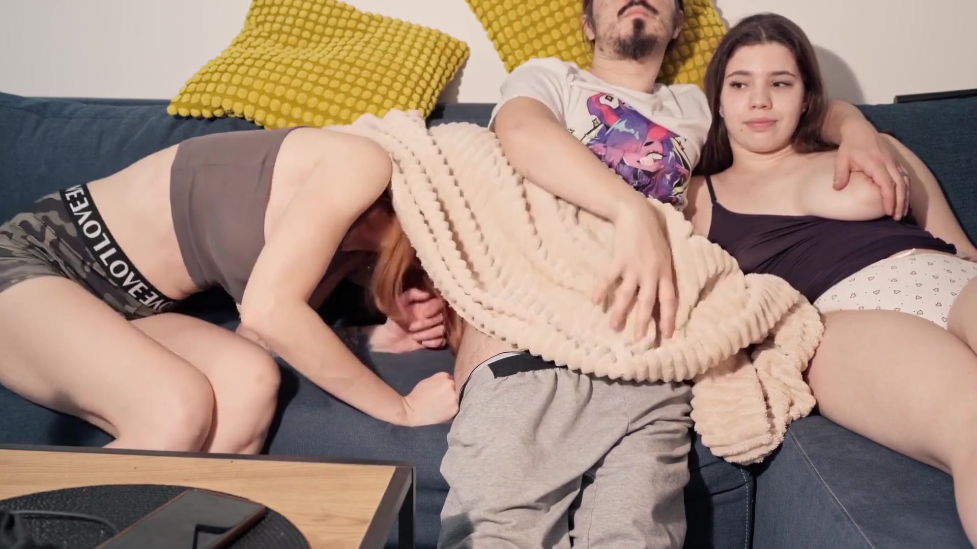 Secret Blowjob From My Stepsisters While Watching TV