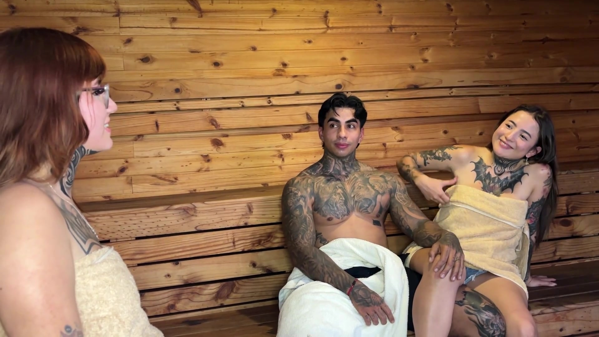 My neighbor leaves me alone with her boyfriend and we end up having sex in the sauna.