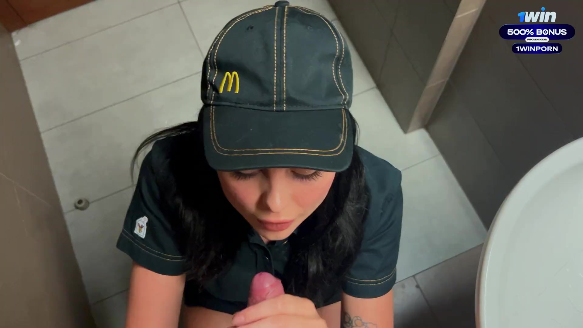 Risky public sex in the toilet. Fucked a McDonald's worker because of spilled soda! - Eva Soda