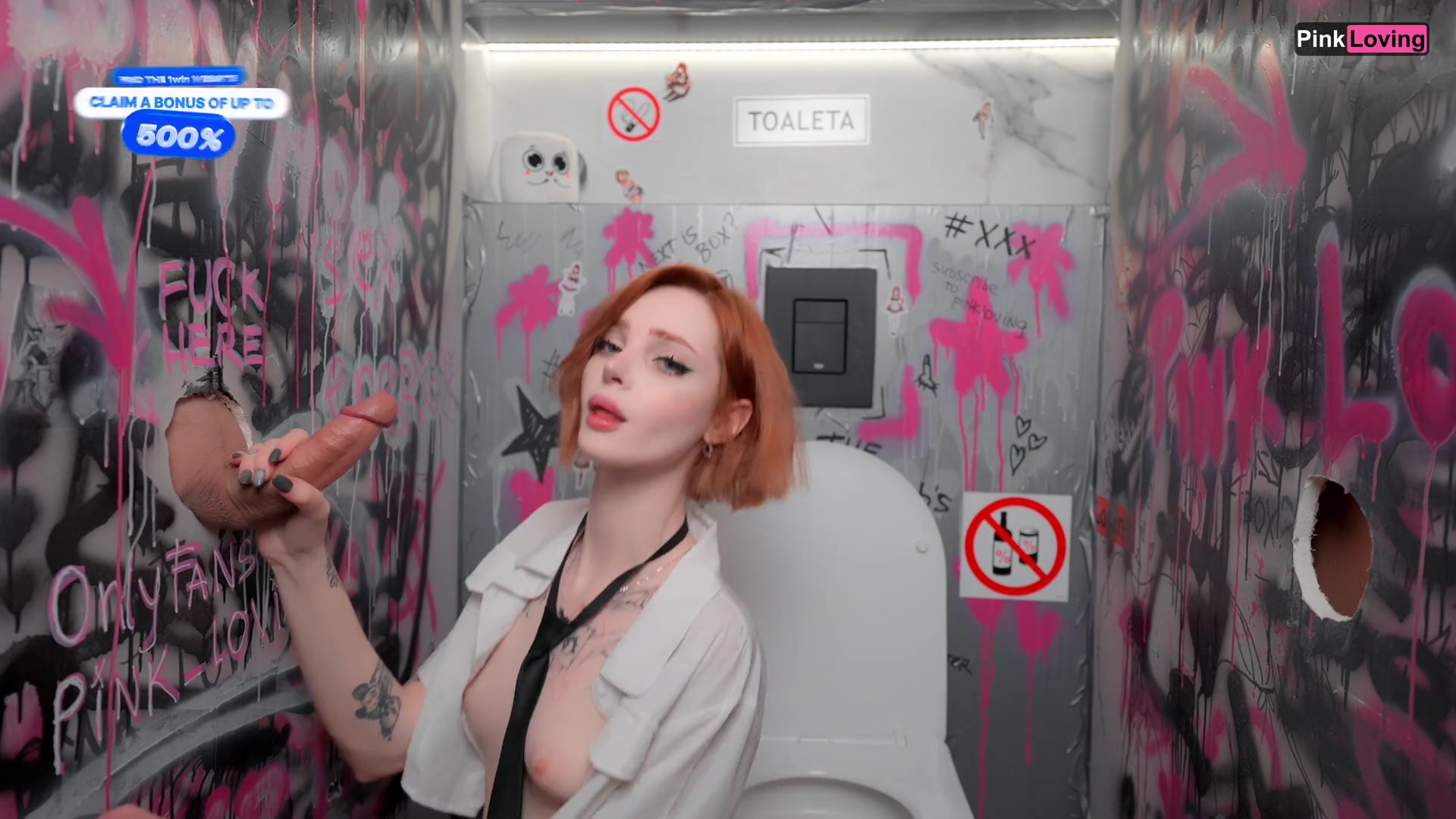Pretty girl gets fucked by two dicks through the toilet walls Gloryhole - pinkloving