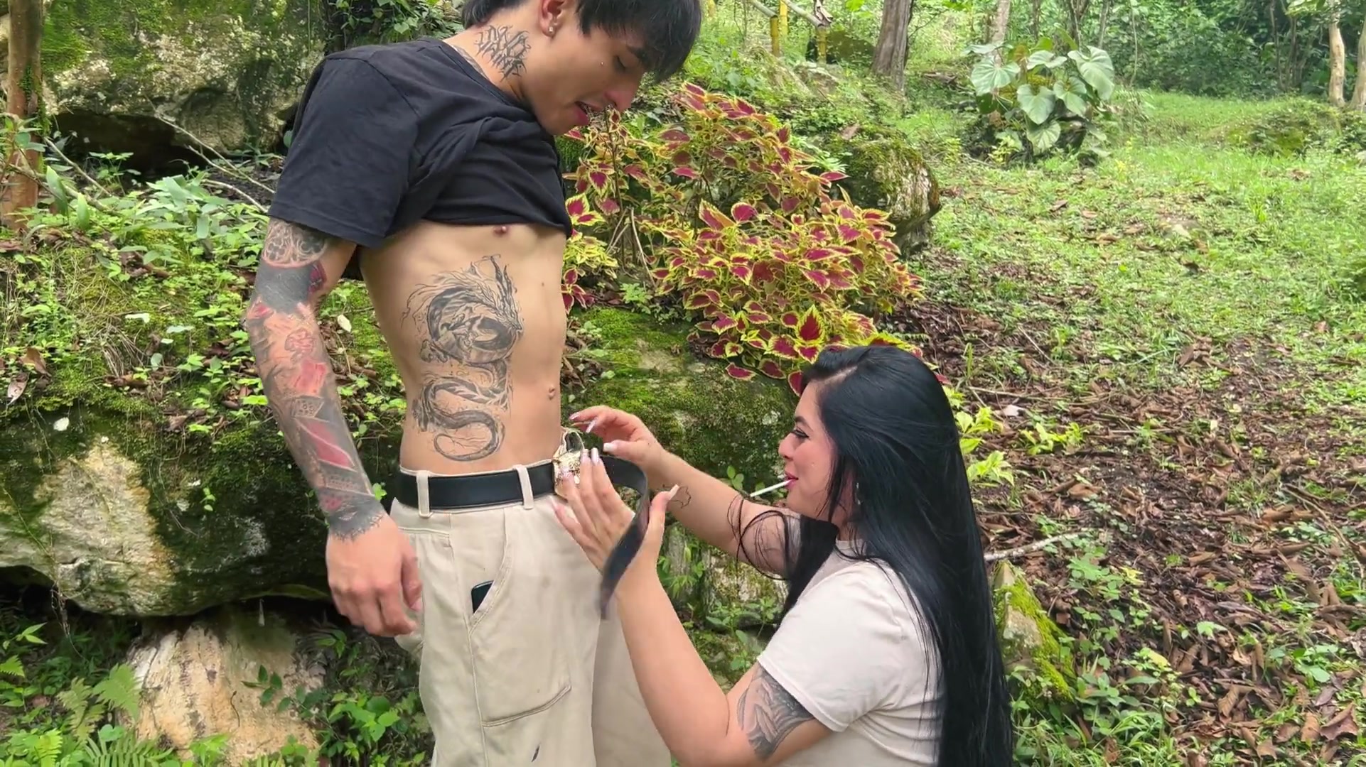 Stepson fucks his stepmom in the woods, hits her so hard he makes her squirt!