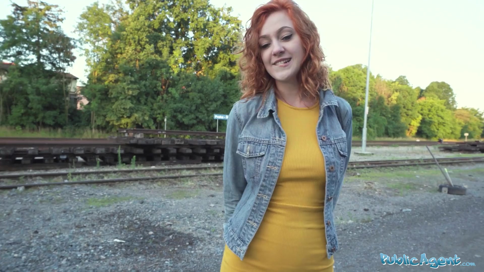 Public Agent Sexy redhead waitress sucks cock and gets fucked doggystyle outside in public
