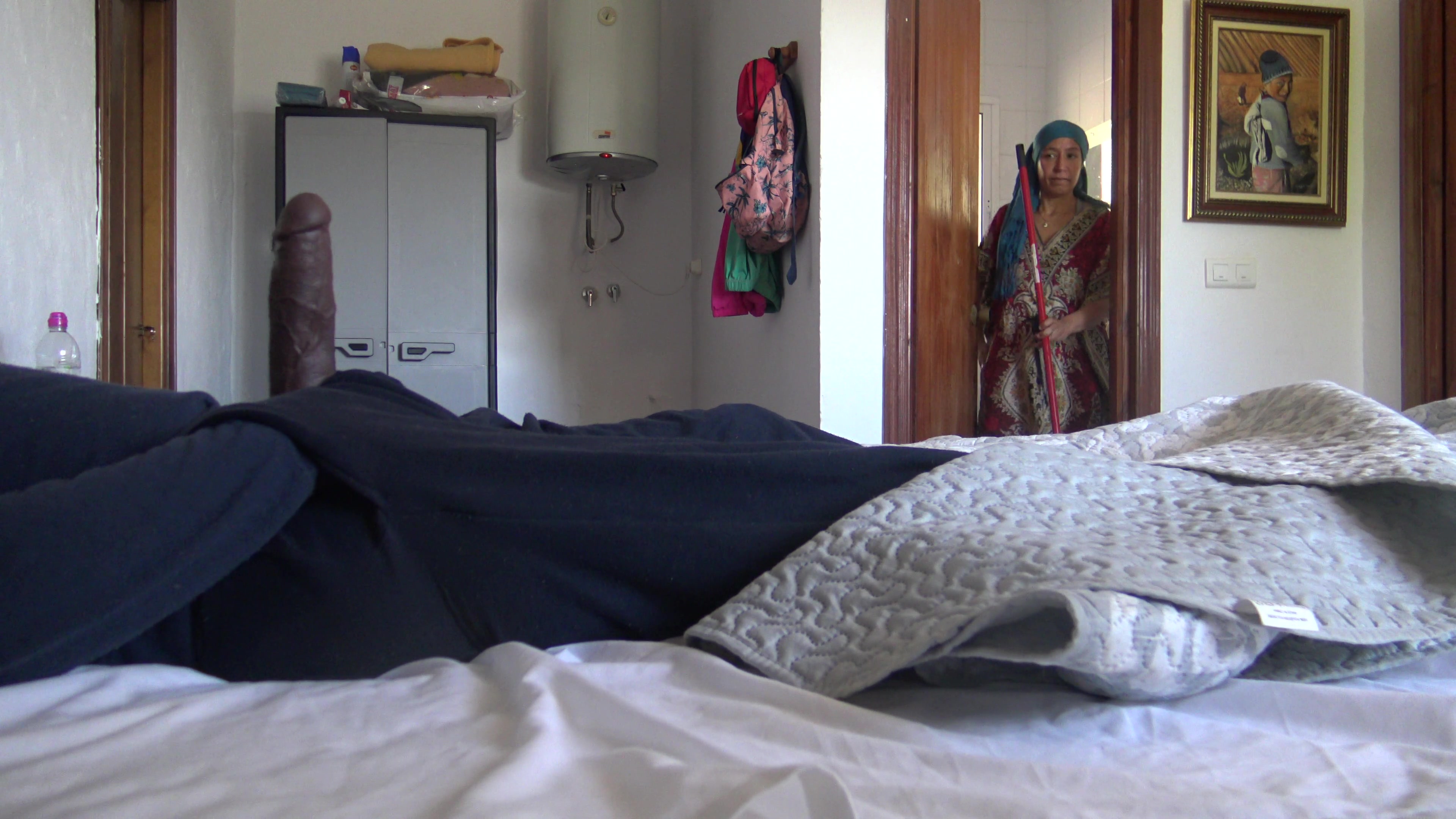 This Turkish granny is SHOCKED !!! I take out my big cock in front of her.